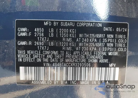 2024 Subaru Outback Premium z USA, uszkodzony, nr VIN 4S4BTACCXR3293506